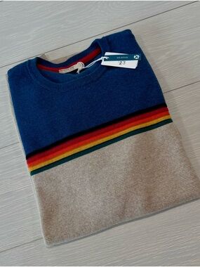 Marine Layer Men's Blue and Beige Crewneck with Rainbow Stripe